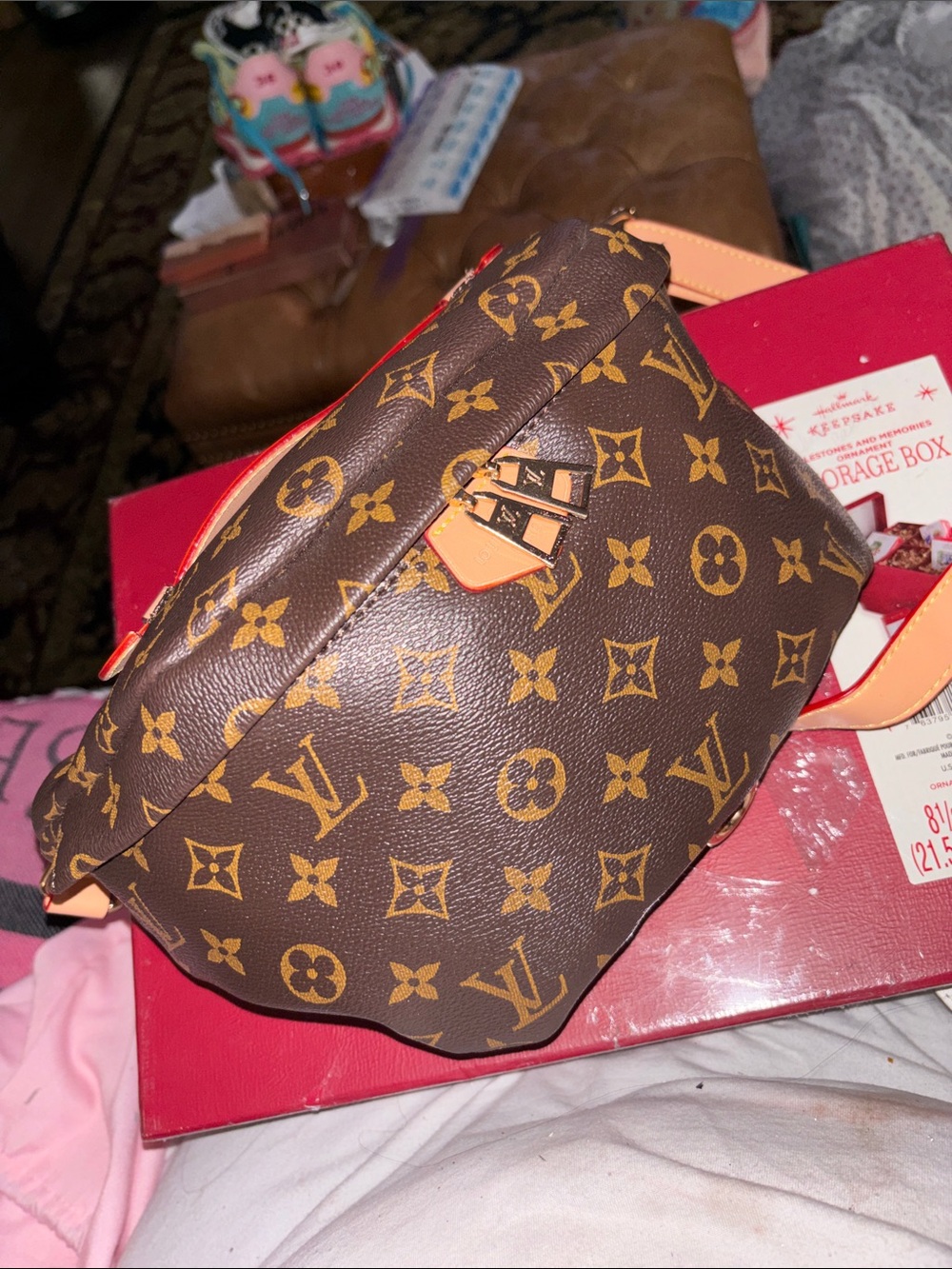 Designer-Inspired Brown Monogram Crossbody Bag with Tan Accents
